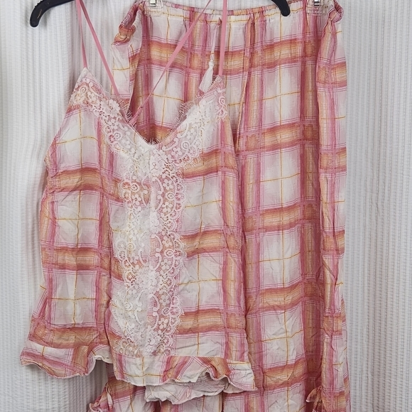 Live Well Cato Lounge Pajama Set Size Large Lace Plaid‎ Split Ruffle Boho Whimsy - Picture 1 of 10